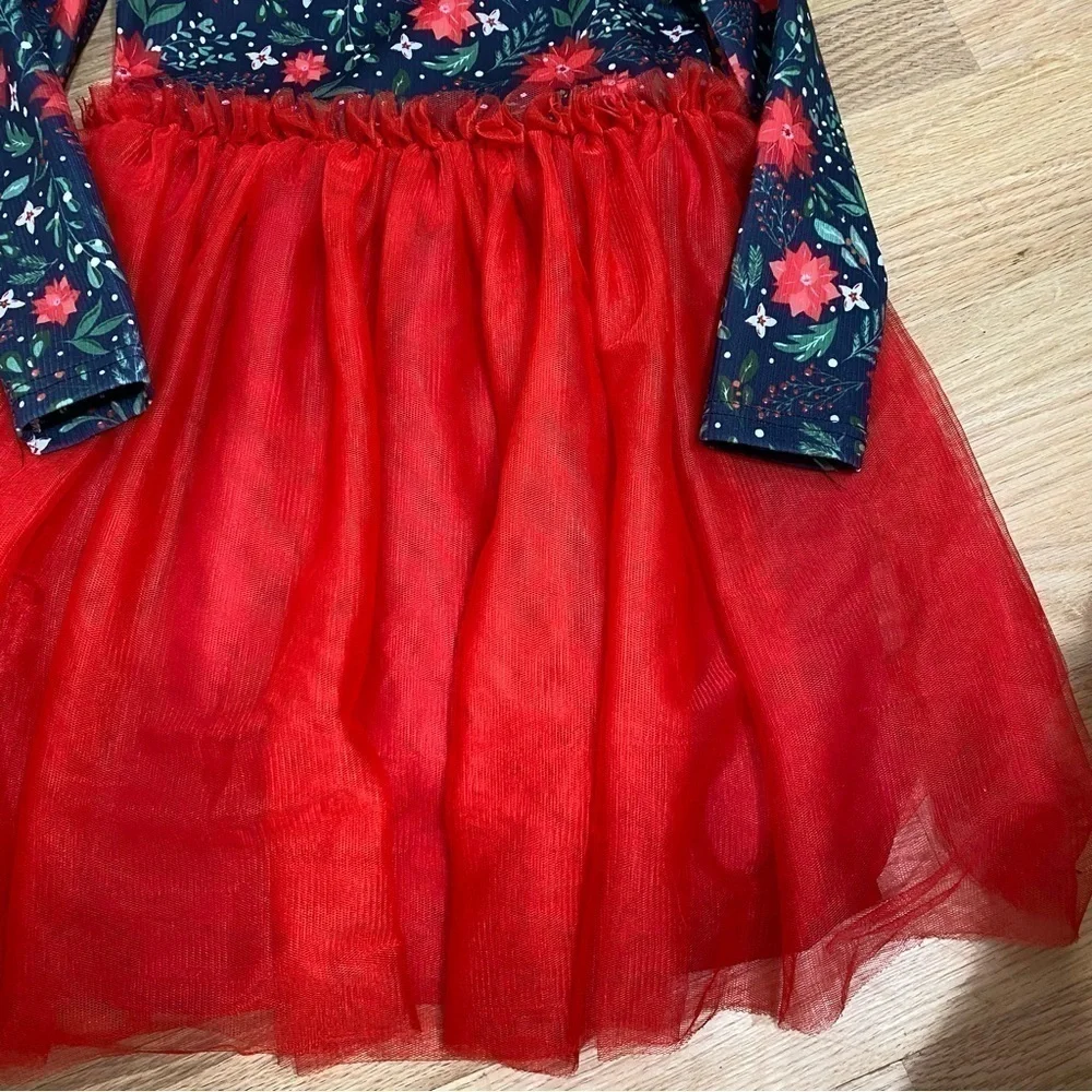 Winter Tulle Dress Sz 4 Girls Christmas Red Green Poinsettia Long Sleeve Kids